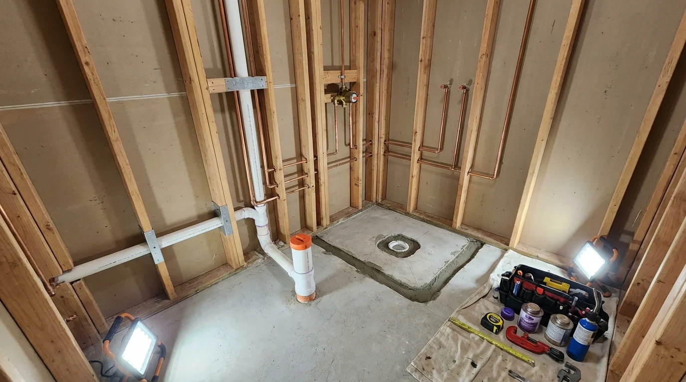 Bathroom rough-in plumbing during remodel by Johns Plumbing LLC in Greendale