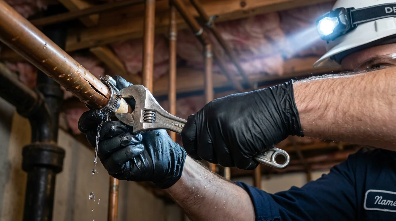 Emergency pipe clamp repair being performed by a Johns Plumbing LLC plumber in Greendale
