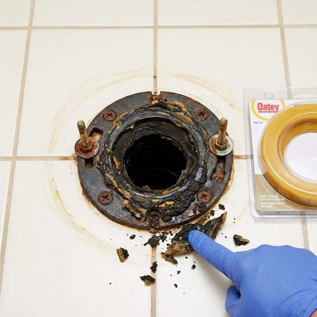 Failed wax ring showing water seepage at the base of a toilet in a Greendale, WI home