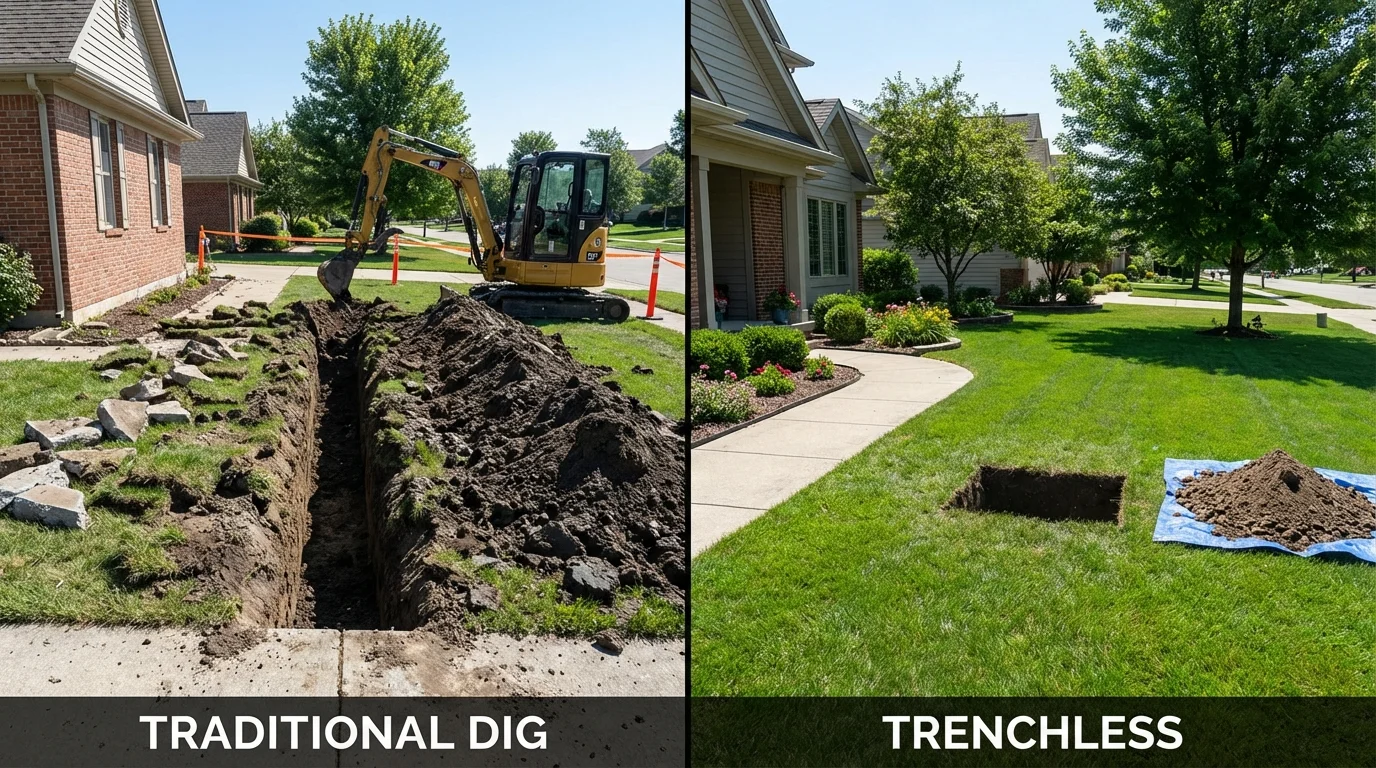 Trenchless sewer repair with minimal yard damage versus traditional excavation in Greendale, WI
