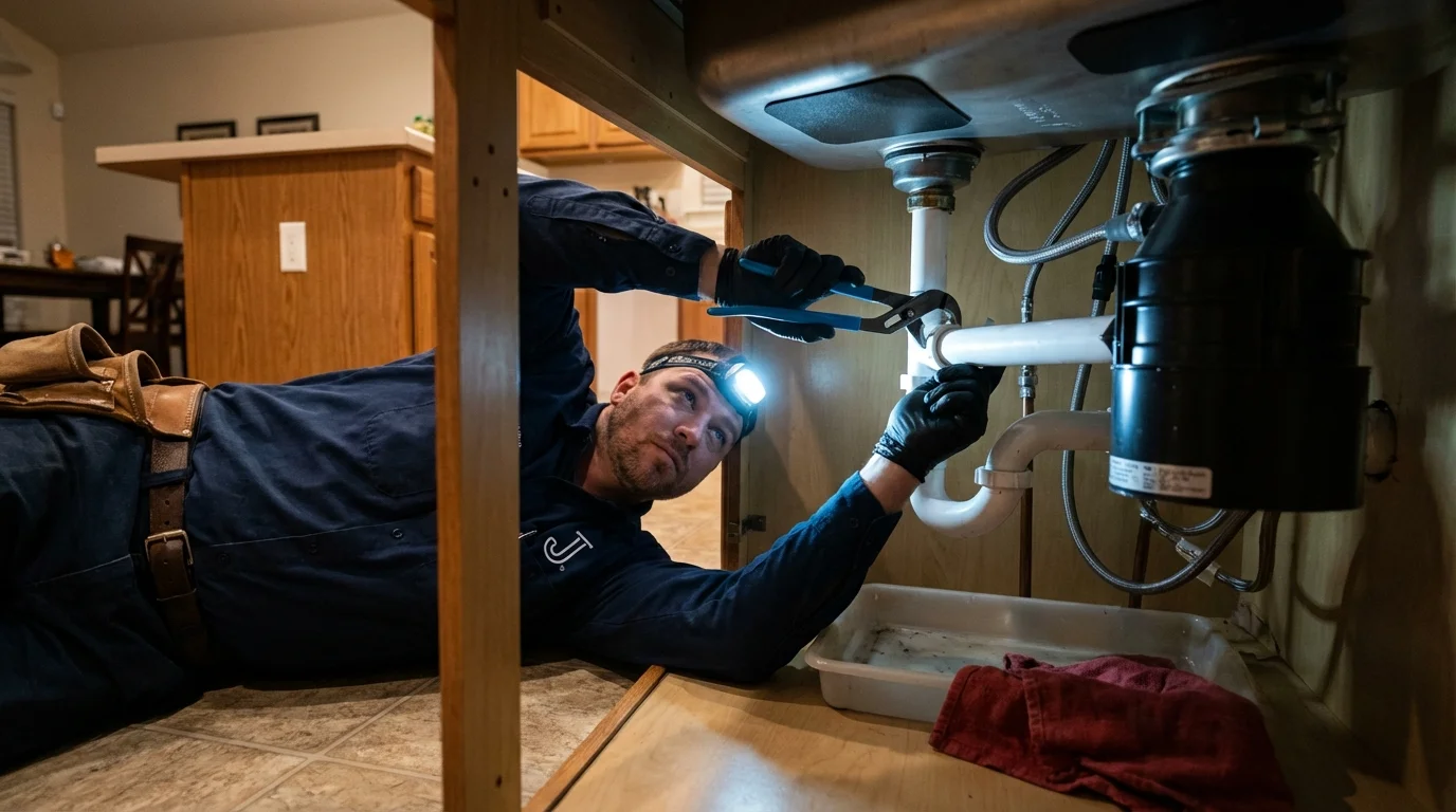 P-trap and supply line connections under a kitchen sink showing a common leak point in Greendale, WI